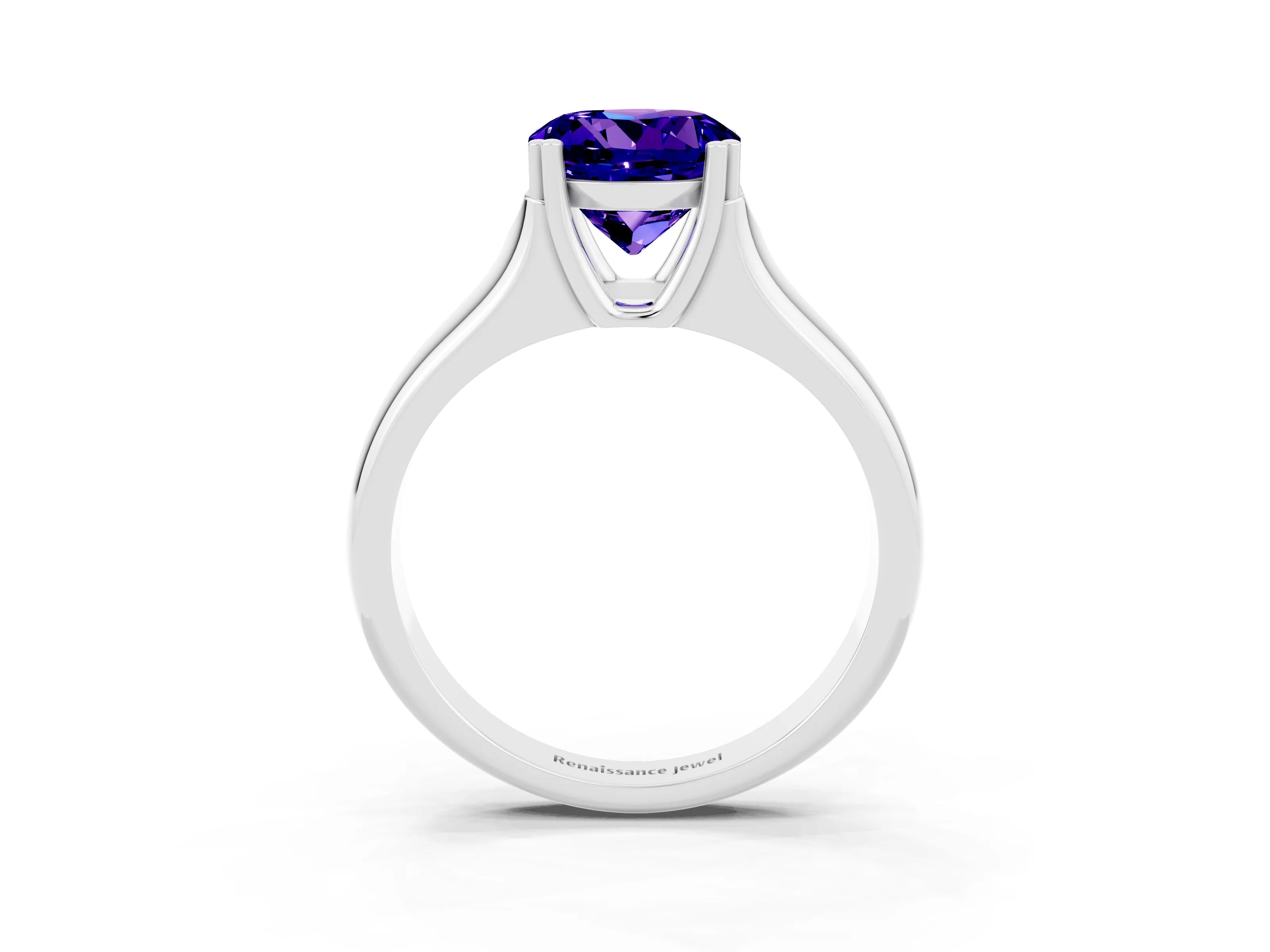 White gold Round Cut Tanzanite Solitaire Ring with Wide Band and Prong Setting_3