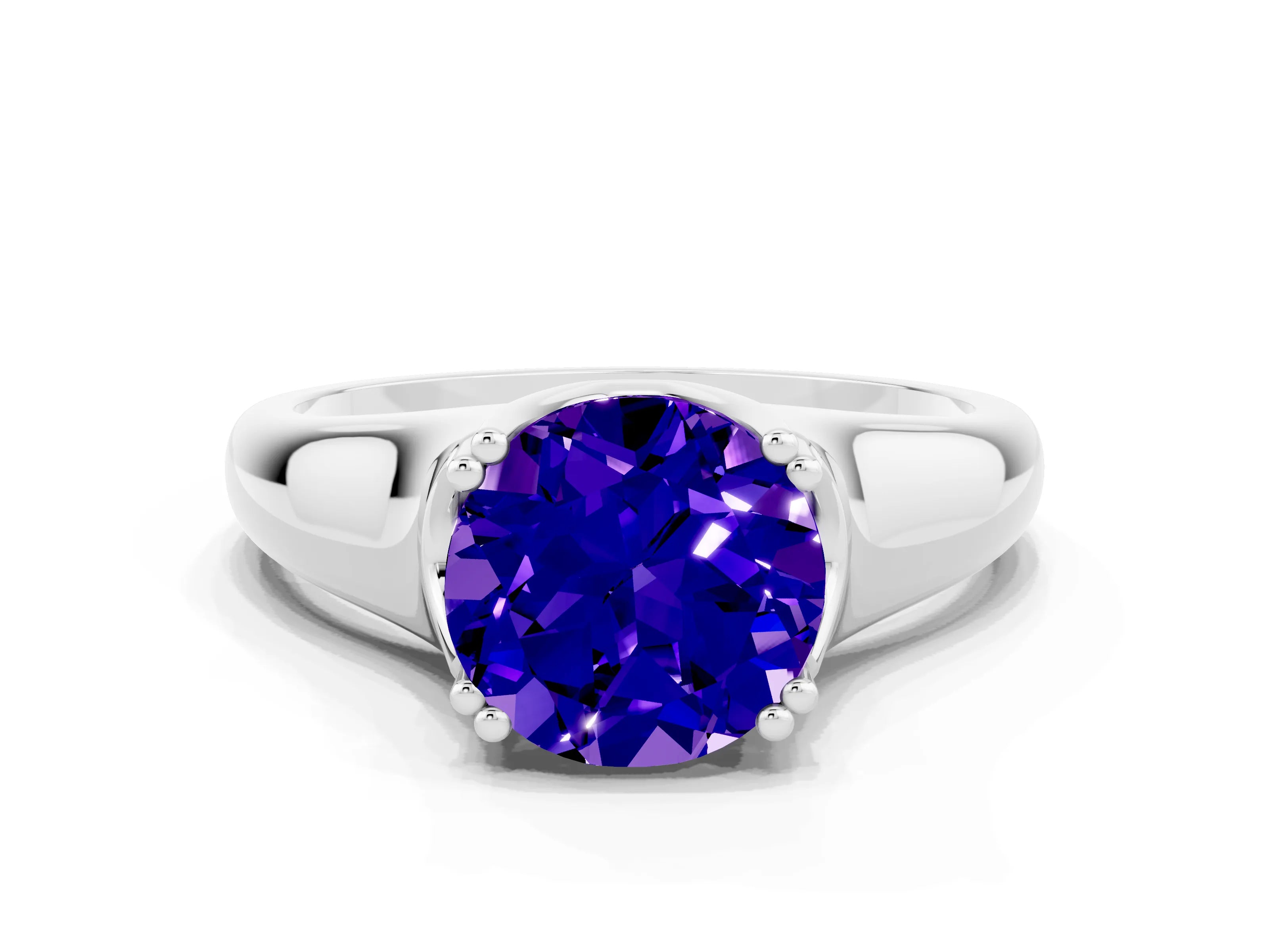 White gold Round Cut Tanzanite Solitaire Ring with Wide Band and Prong Setting