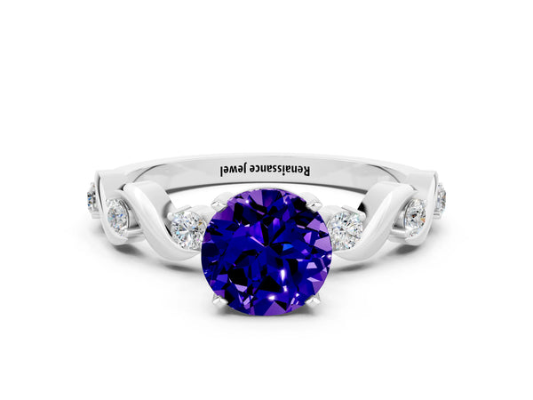 Platinum Round Cut Tanzanite Solitaire Twisted Band with Round  Accents and Prong Setting