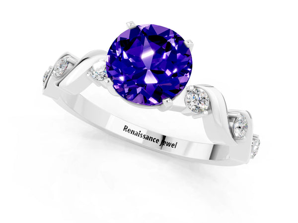 Platinum Round Cut Tanzanite Solitaire Twisted Band with Round  Accents and Prong Setting
