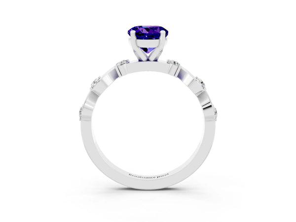 Platinum Round Cut Tanzanite Solitaire Twisted Band with Round  Accents and Prong Setting