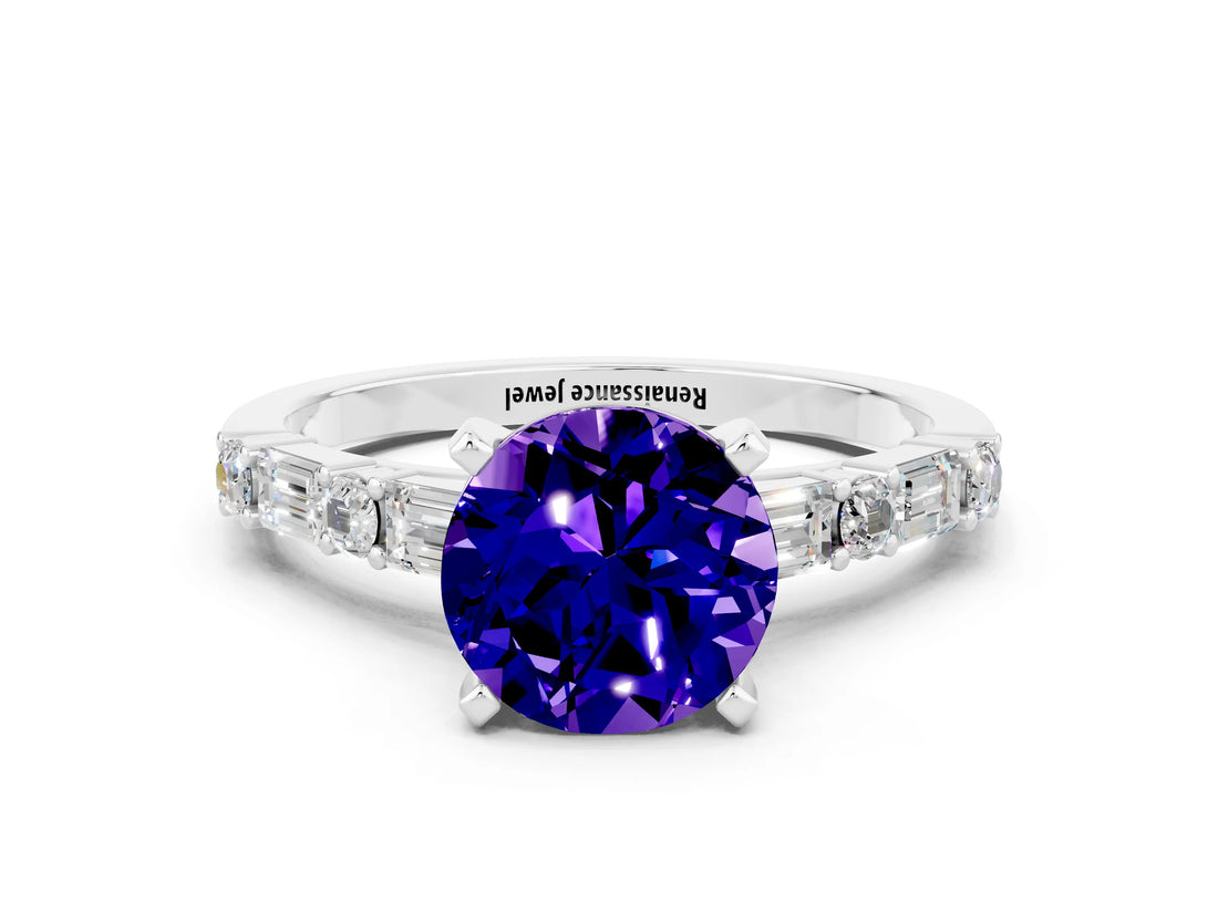 White gold Round Cut Tanzanite Solitaire with Side Baguettes and Channel Set Band