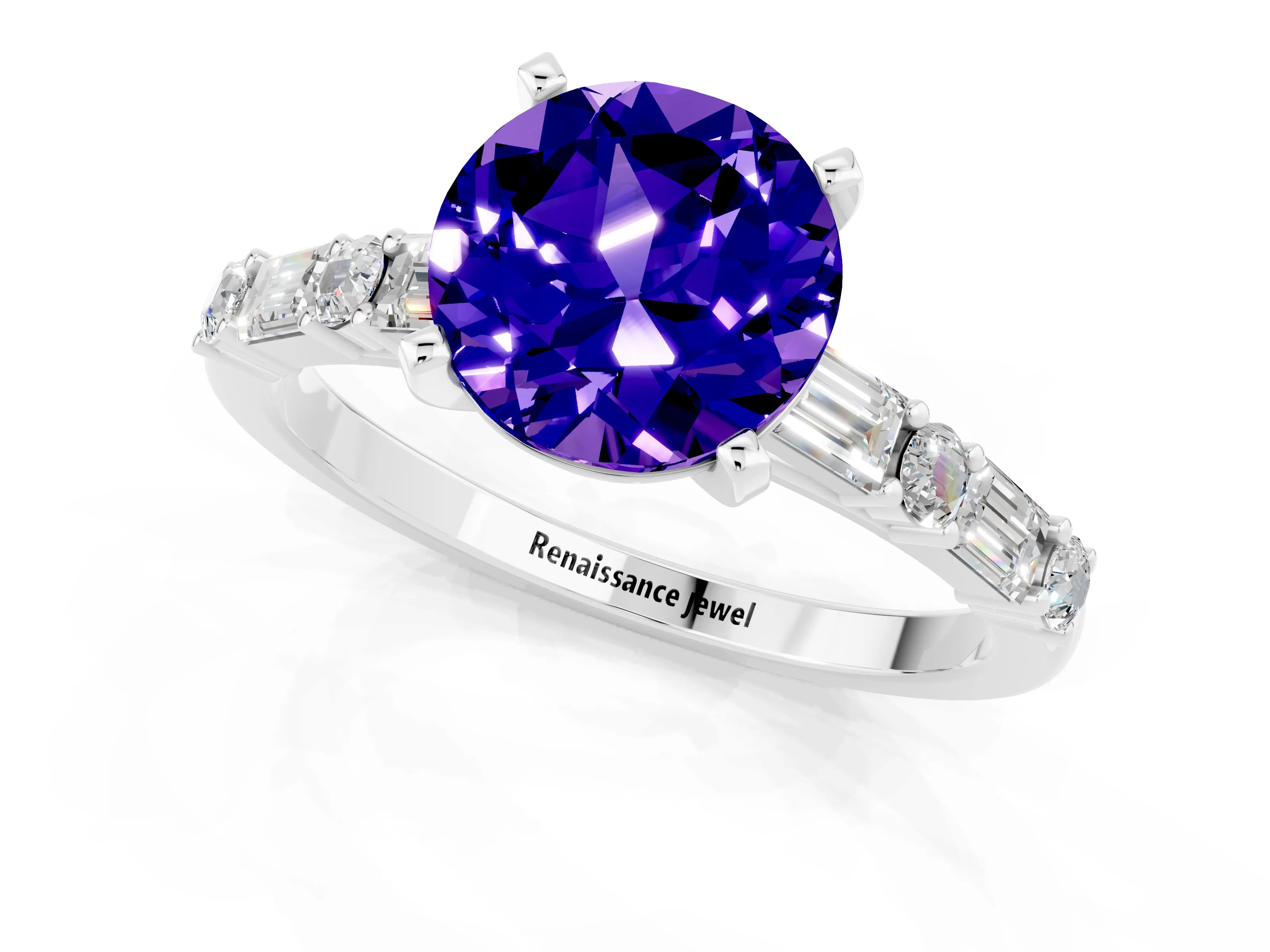 White gold Round Cut Tanzanite Solitaire with Side Baguettes and Channel Set Band_1