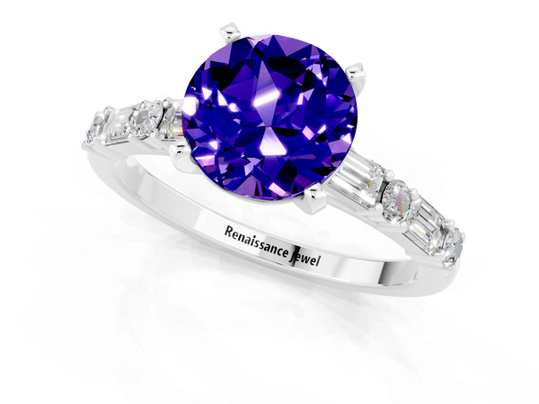 White gold Round Cut Tanzanite Solitaire with Side Baguettes and Channel Set Band