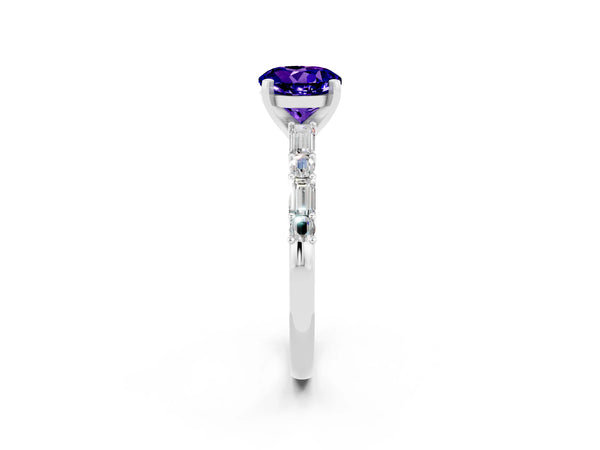 White gold Round Cut Tanzanite Solitaire with Side Baguettes and Channel Set Band