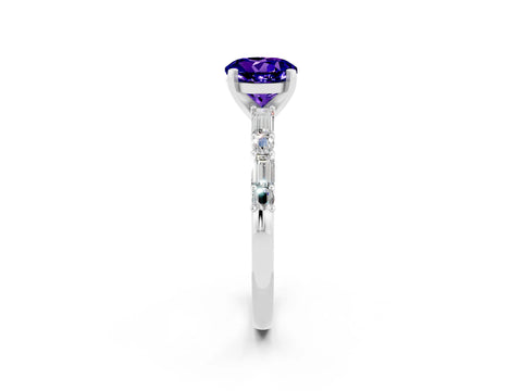 White gold Round Cut Tanzanite Solitaire with Side Baguettes and Channel Set Band_2