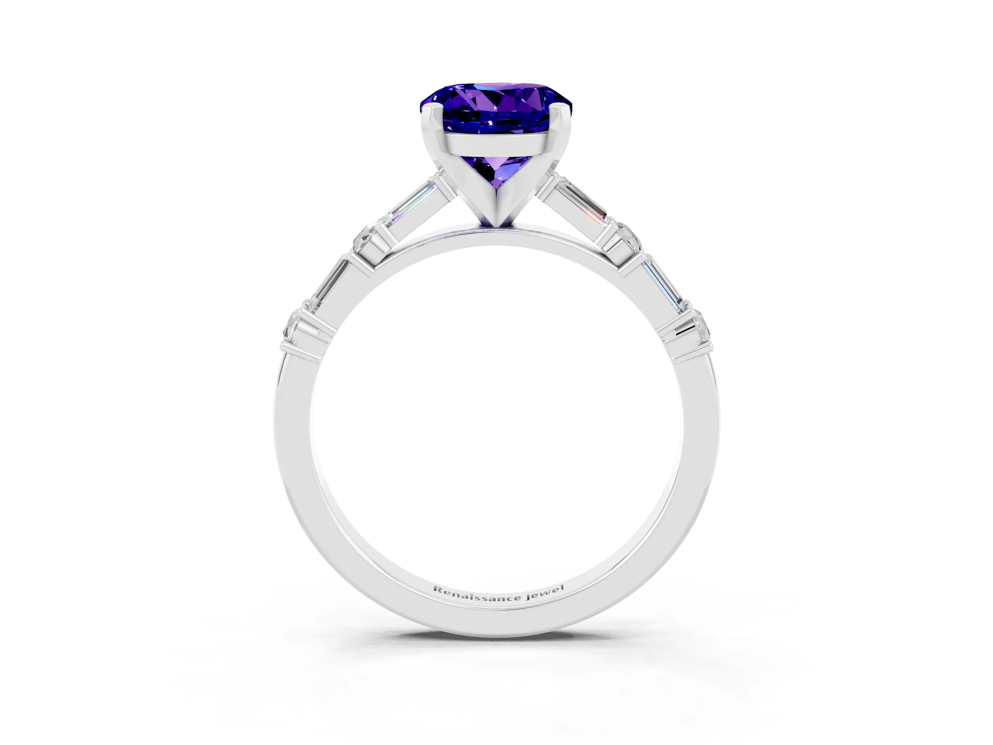White gold Round Cut Tanzanite Solitaire with Side Baguettes and Channel Set Band_3