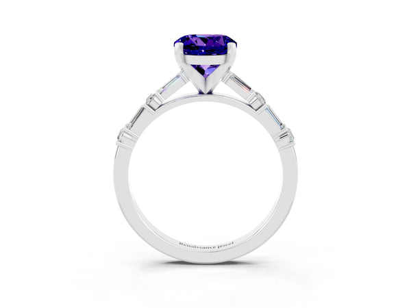 White gold Round Cut Tanzanite Solitaire with Side Baguettes and Channel Set Band