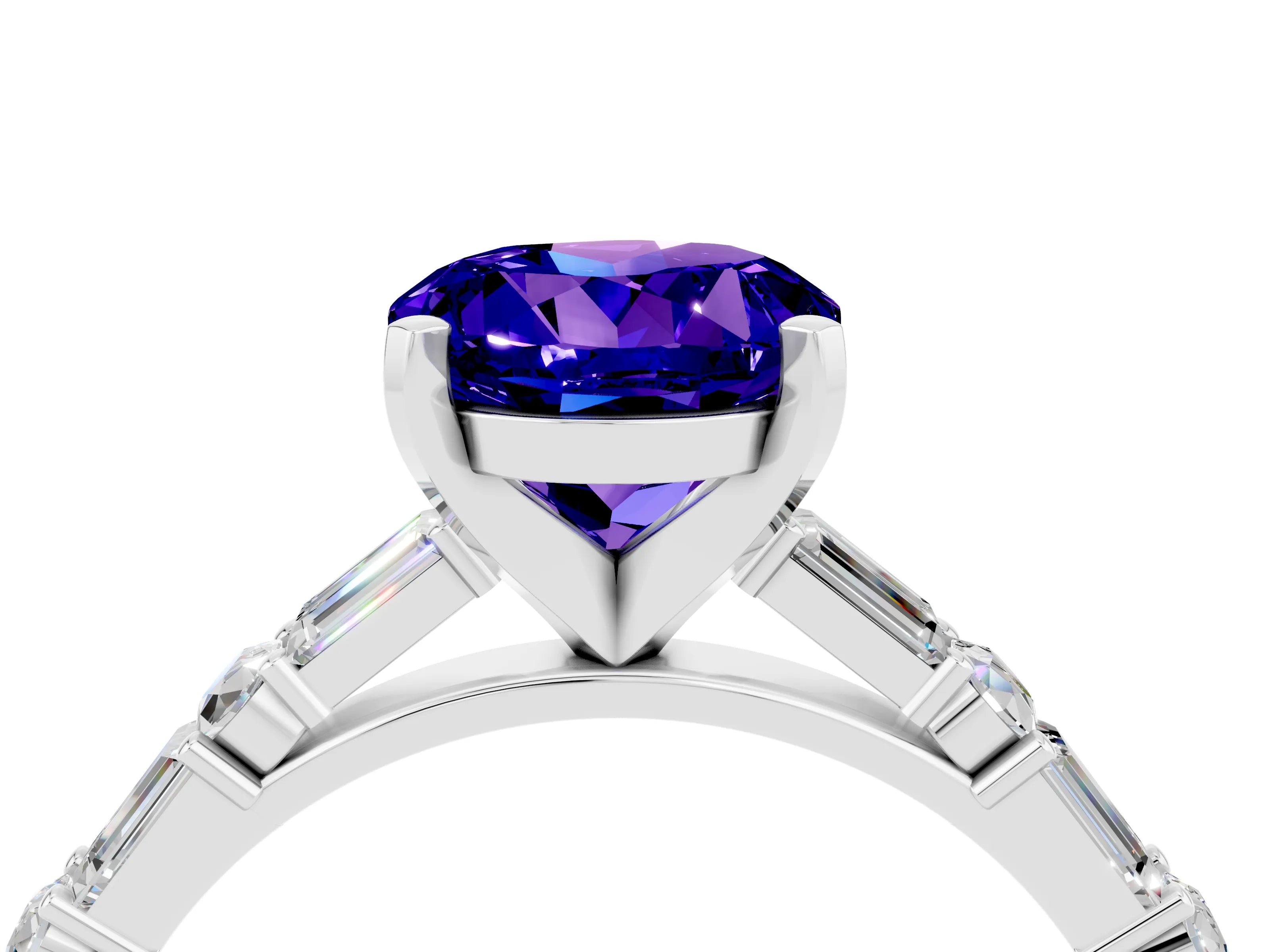 White gold Round Cut Tanzanite Solitaire with Side Baguettes and Channel Set Band_4