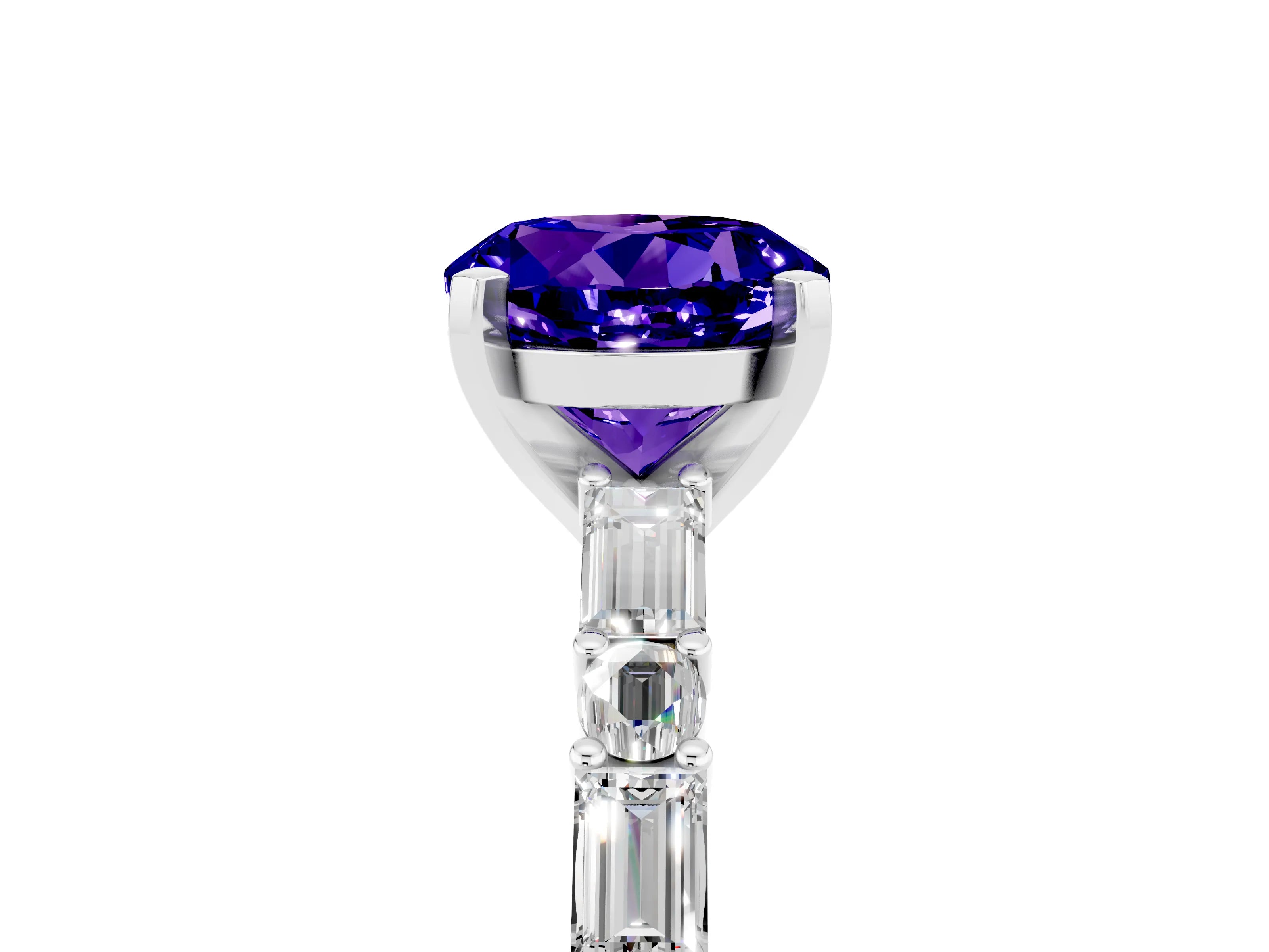 White gold Round Cut Tanzanite Solitaire with Side Baguettes and Channel Set Band_5