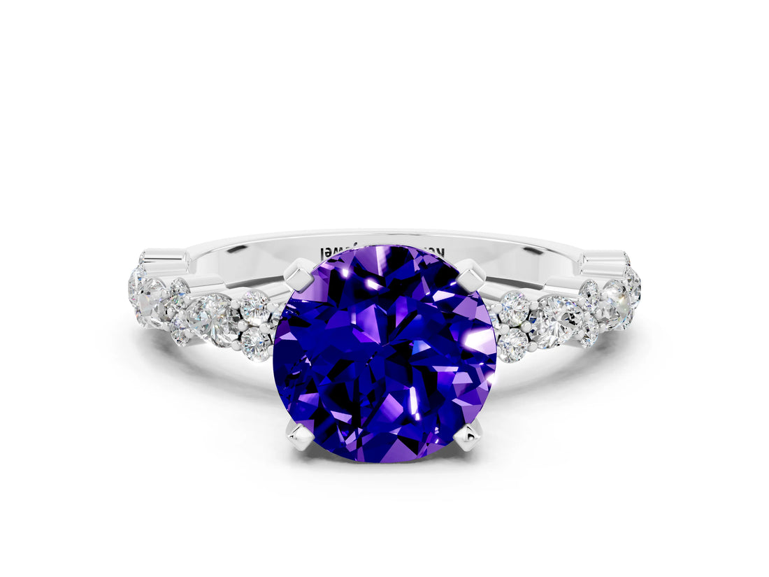 White gold Round Cut Tanzanite Solitaire with Side Stones, Pave Band, Four-Prong Setting_24