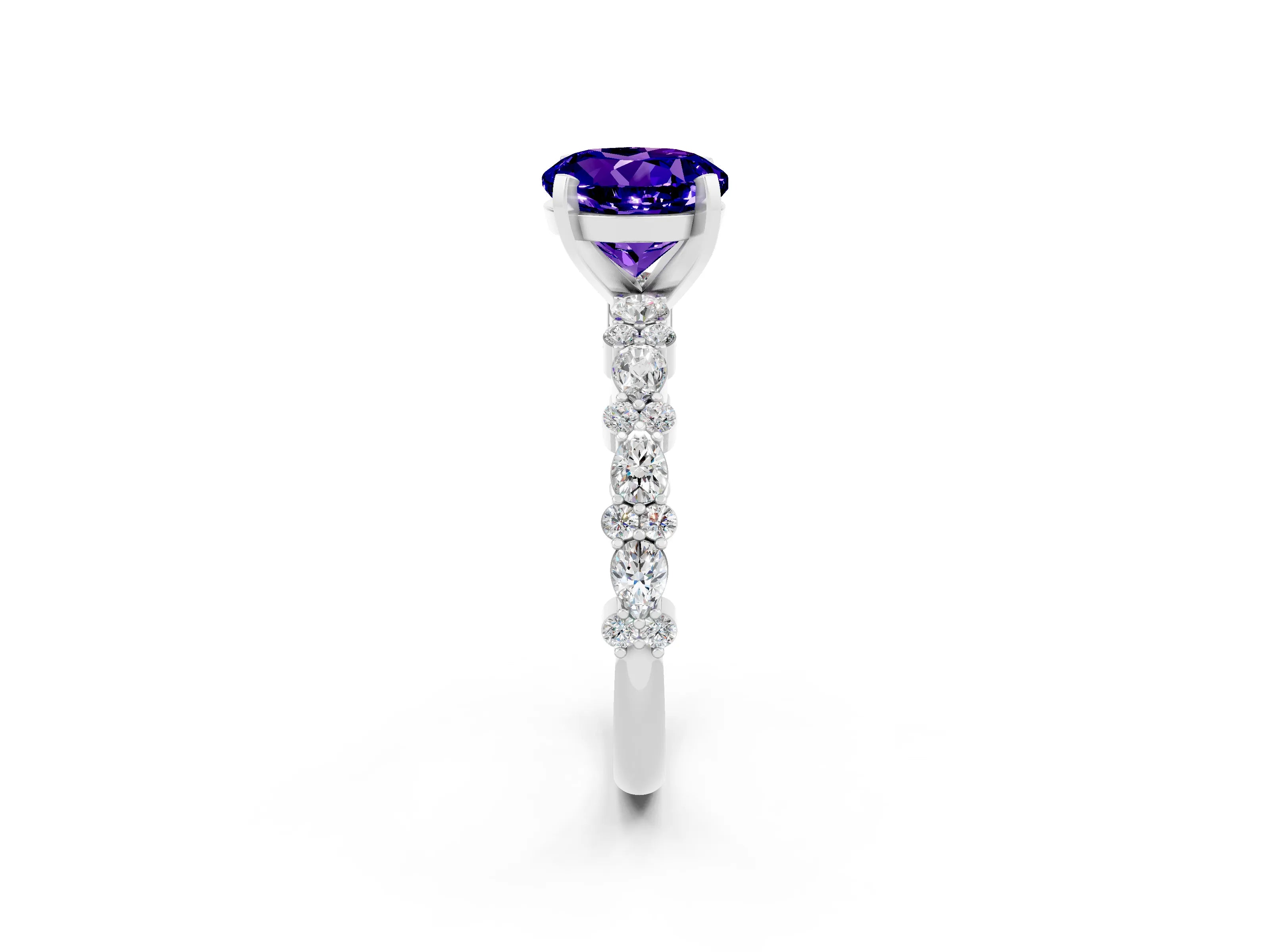 White gold Round Cut Tanzanite Solitaire with Side Stones, Pave Band, Four-Prong Setting_26