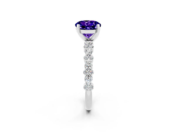 White gold Round Cut Tanzanite Side Stone Solitaire Ring with Round  and Four-Prong Setting