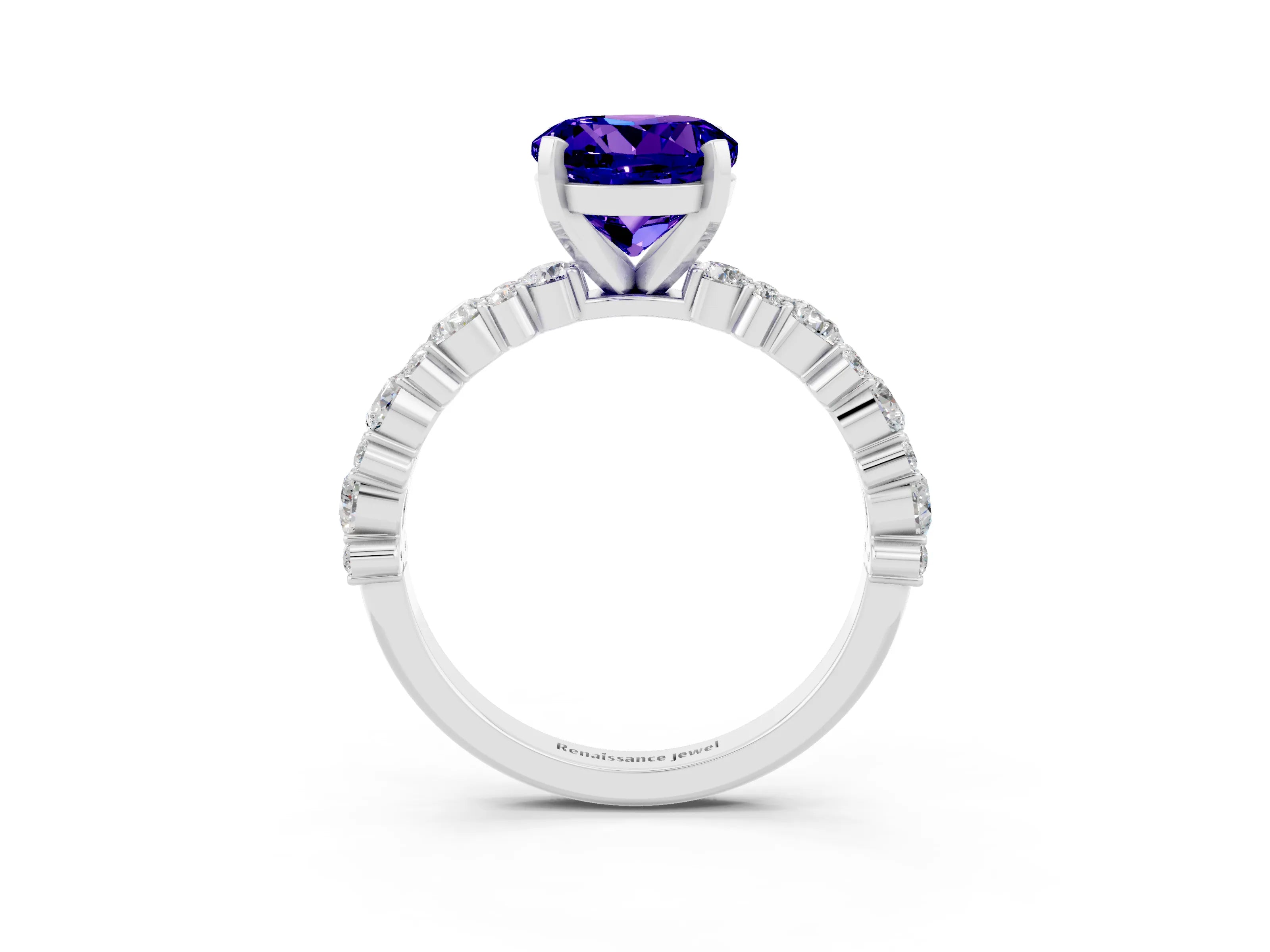 White gold Round Cut Tanzanite Solitaire with Side Stones, Pave Band, Four-Prong Setting_27