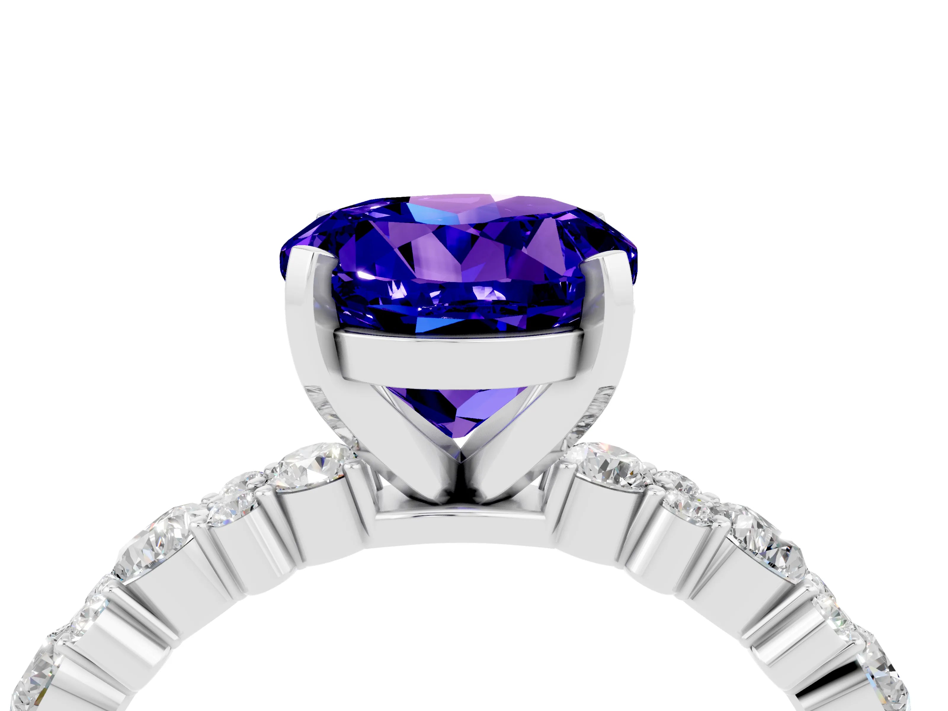 White gold Round Cut Tanzanite Solitaire with Side Stones, Pave Band, Four-Prong Setting_28