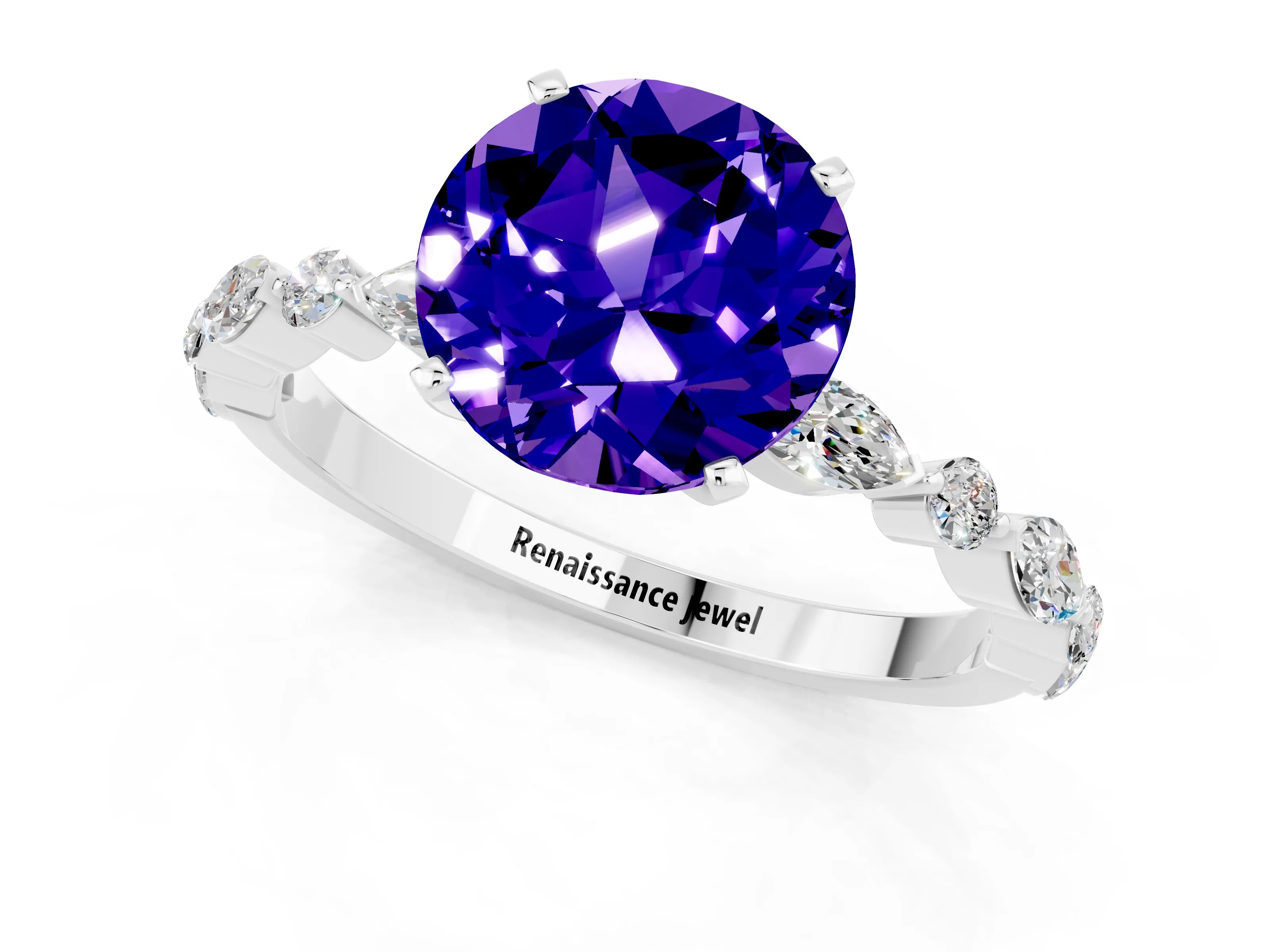 White gold Round Cut Tanzanite Solitaire with Side Stones on a Pavé Band and Four-Prong Setting_1