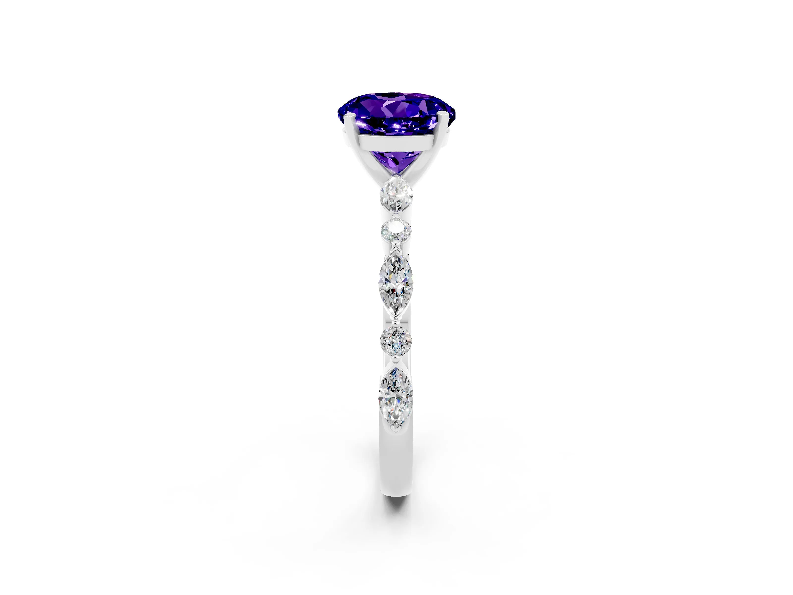 White gold Round Cut Tanzanite Solitaire with Side Stones on a Pavé Band and Four-Prong Setting_2