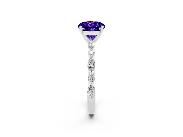Silver Round Cut Tanzanite Ring with Marquise and Round  Side Stones and Four-Prong Setting