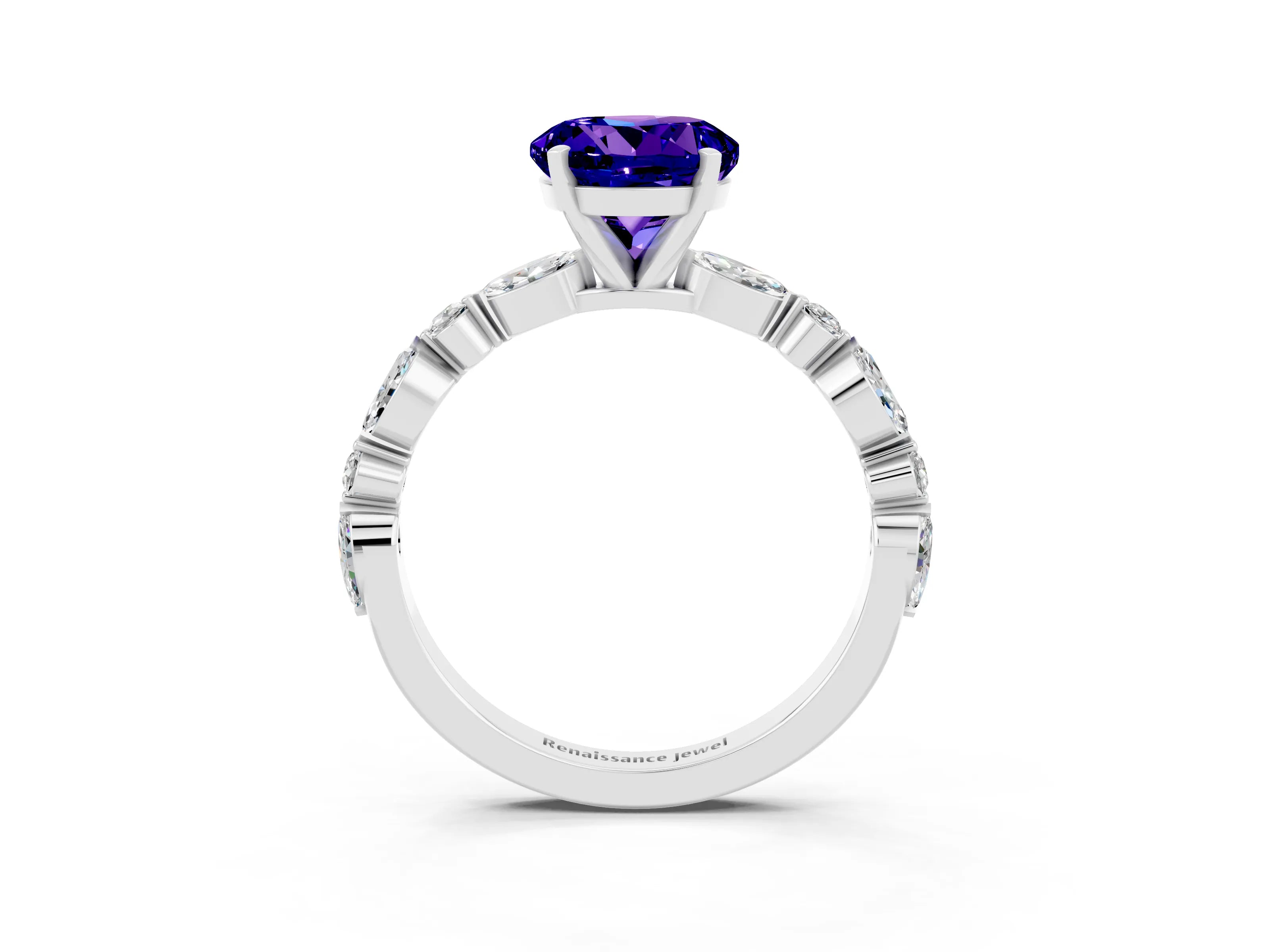 White gold Round Cut Tanzanite Solitaire with Side Stones on a Pavé Band and Four-Prong Setting_3