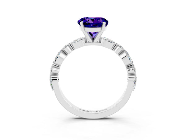 Platinum Round Cut Tanzanite Ring with Marquise and Round  Side Stones and Four-Prong Setting
