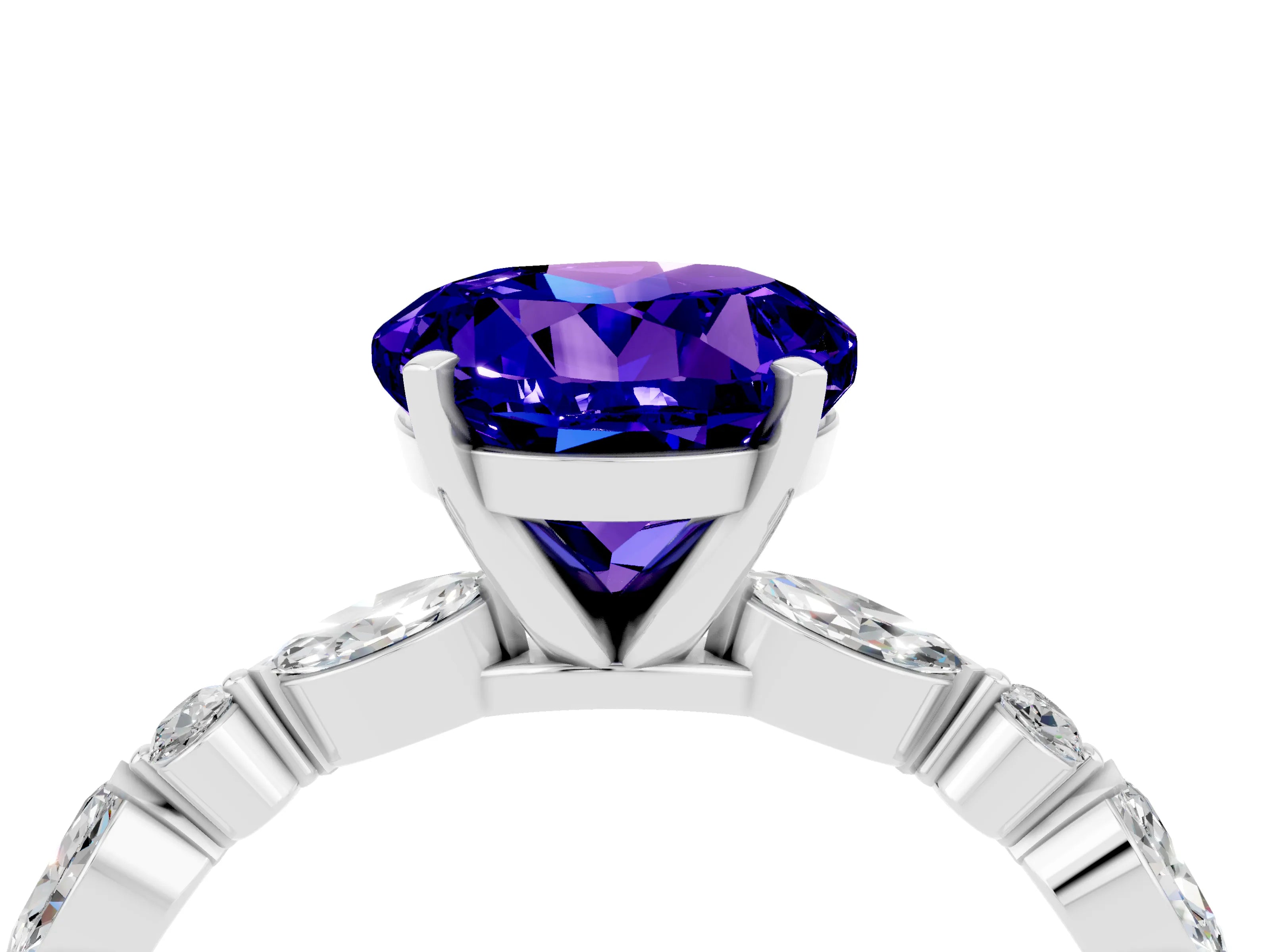 White gold Round Cut Tanzanite Solitaire with Side Stones on a Pavé Band and Four-Prong Setting_4