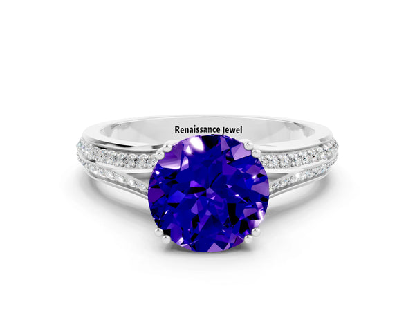 White gold Round Cut Tanzanite Split Shank Engagement Ring with Pavé Band