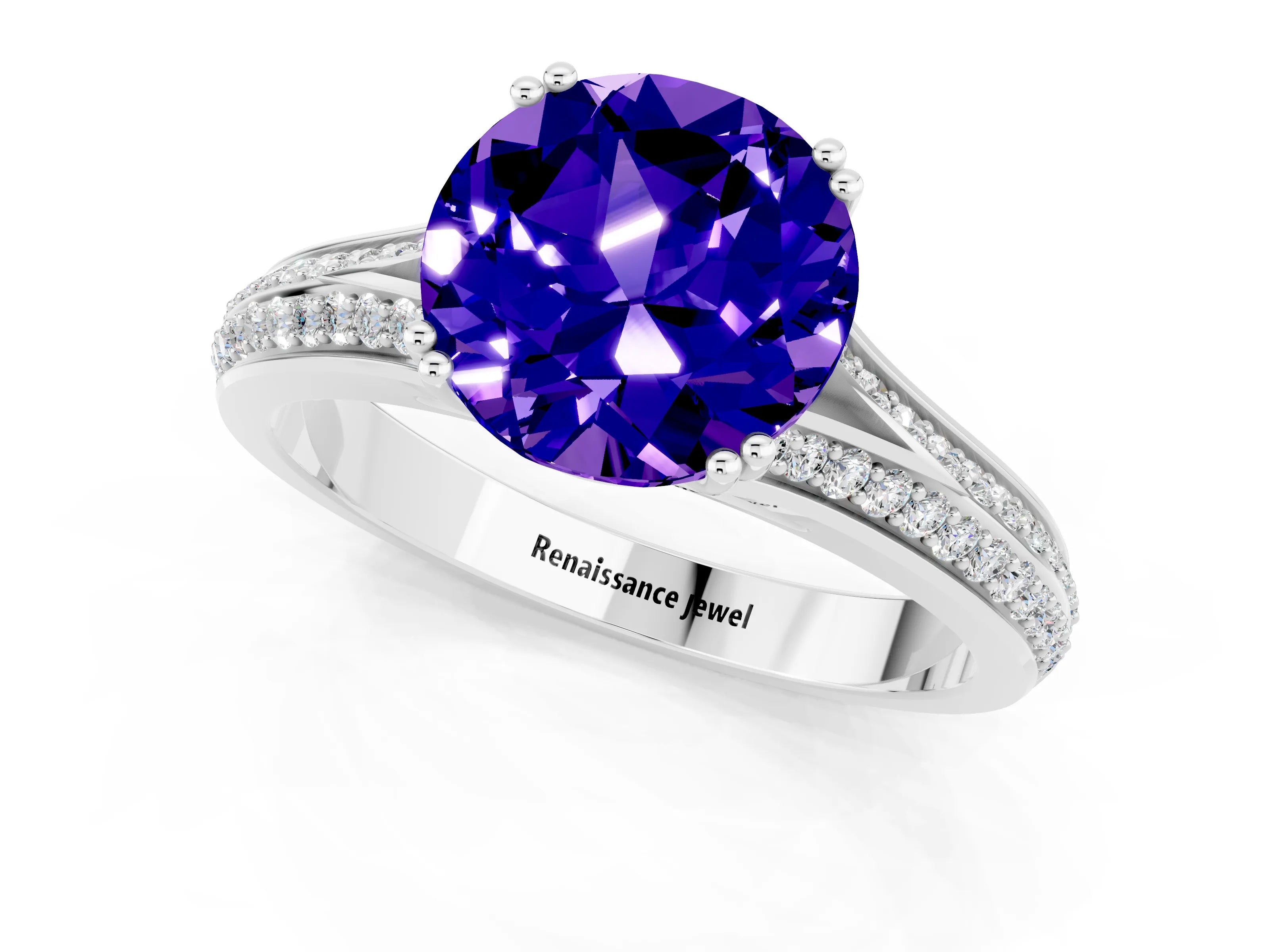White gold Round Cut Tanzanite Split Shank Engagement Ring with Pavé Band_1