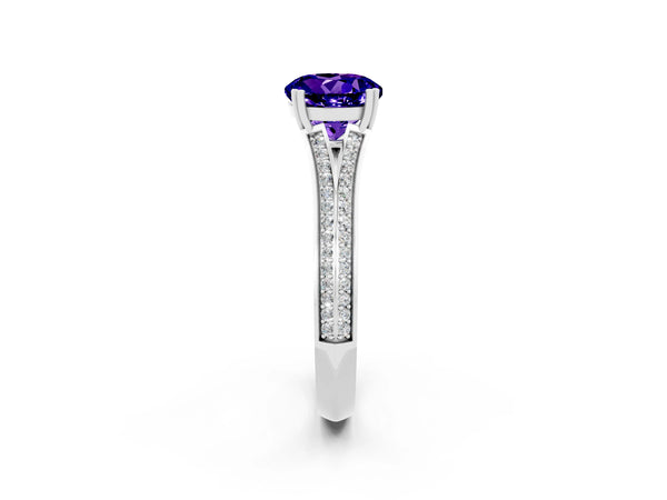 Platinum Round Cut Tanzanite Split Shank Engagement Ring with Pavé Band
