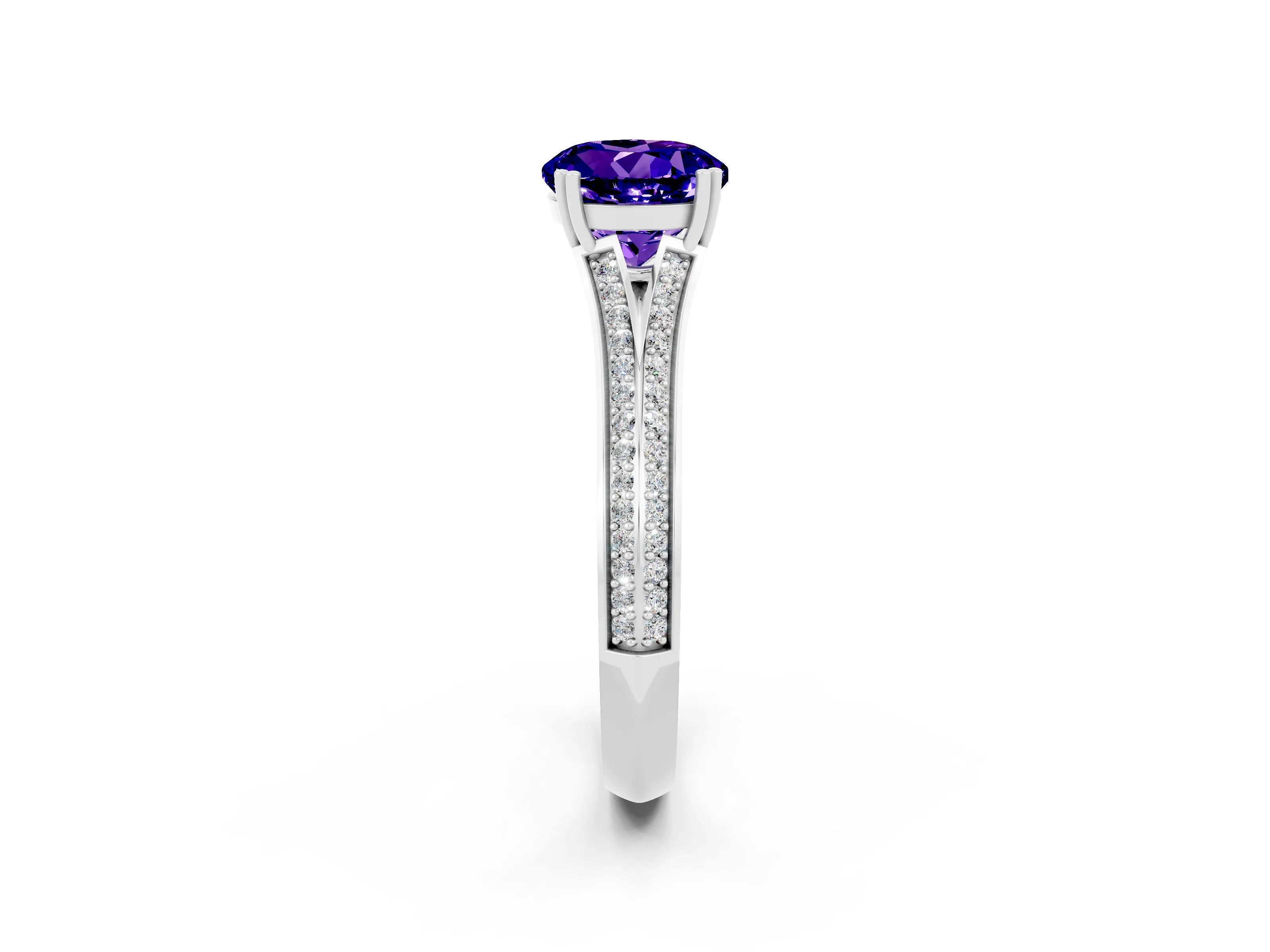 White gold Round Cut Tanzanite Split Shank Engagement Ring with Pavé Band_2