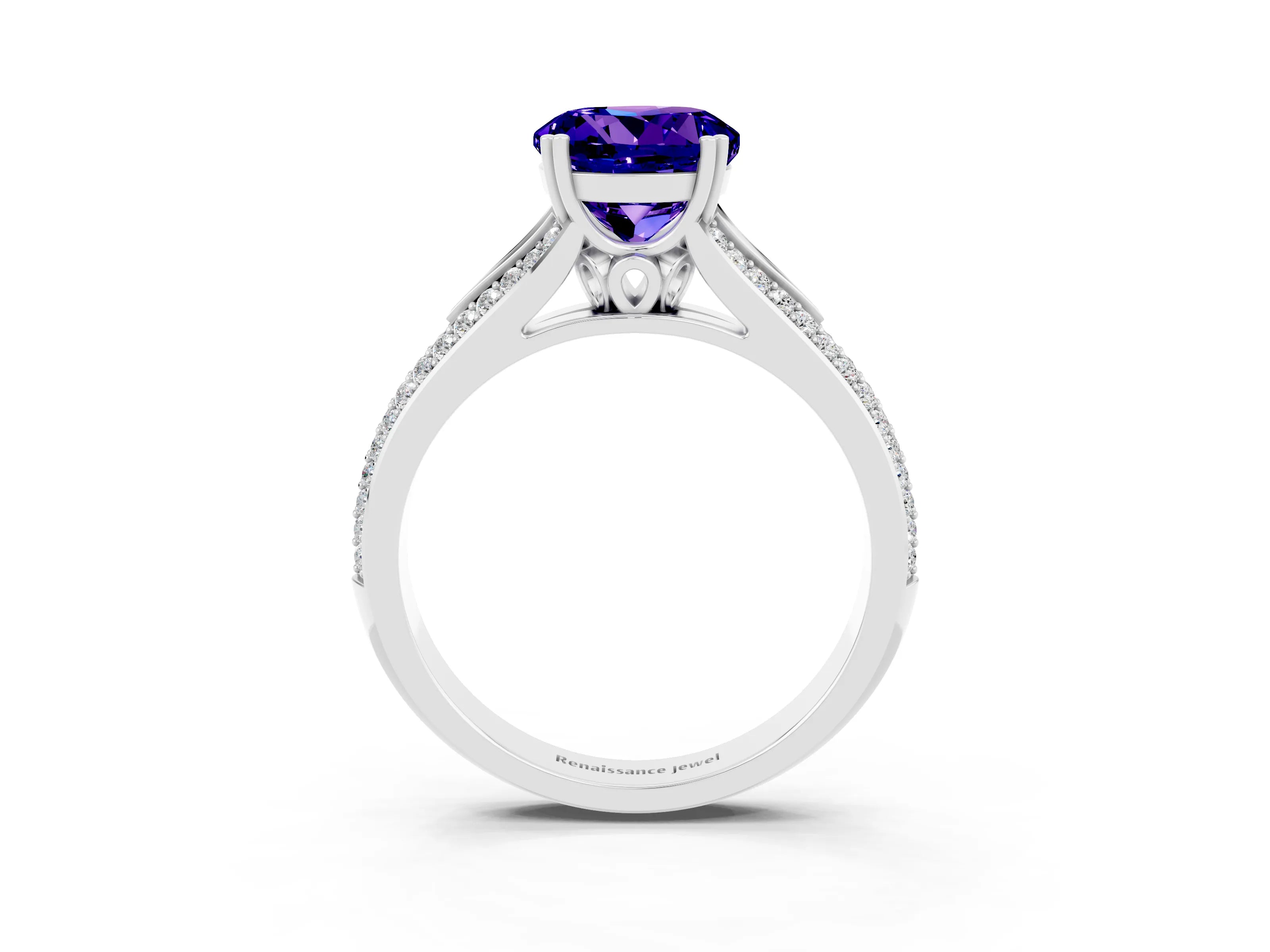White gold Round Cut Tanzanite Split Shank Engagement Ring with Pavé Band_3