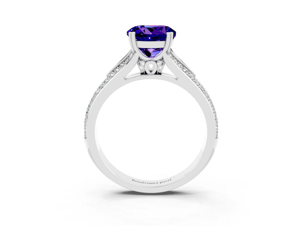 Silver Round Cut Tanzanite Split Shank Engagement Ring with Pavé Band
