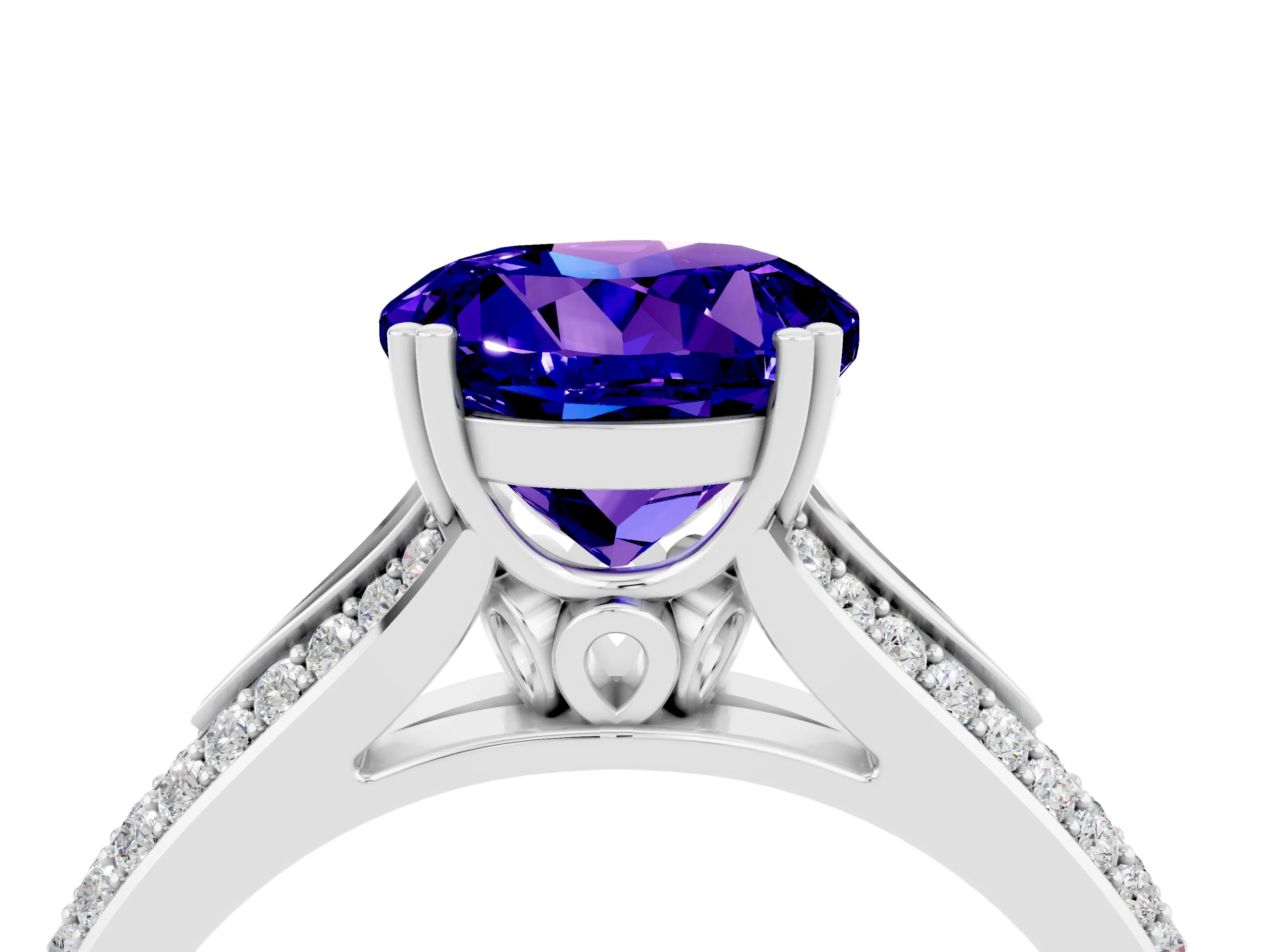 White gold Round Cut Tanzanite Split Shank Engagement Ring with Pavé Band_4