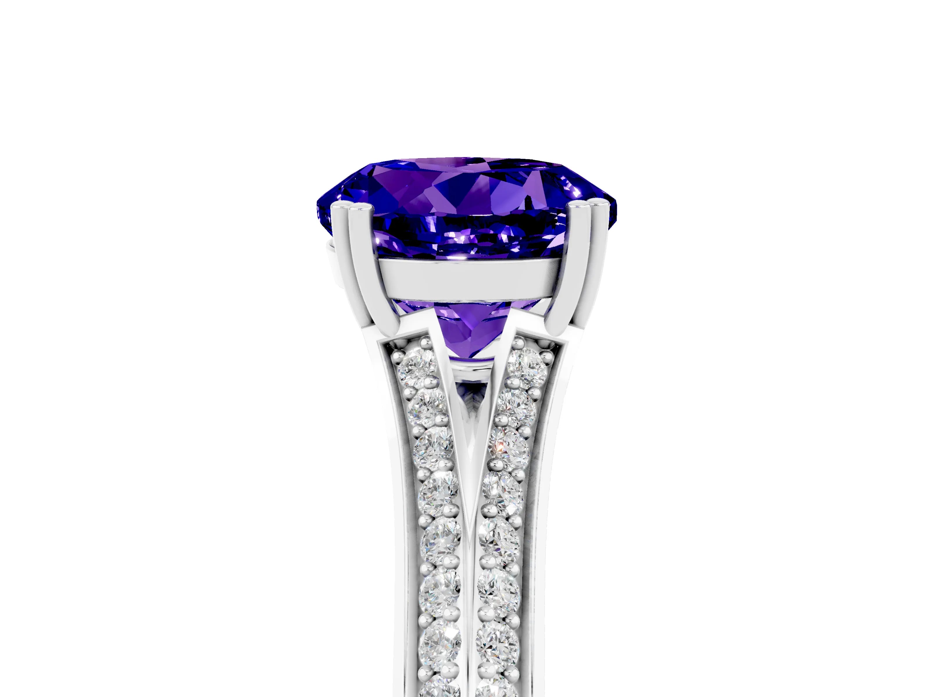 White gold Round Cut Tanzanite Split Shank Engagement Ring with Pavé Band_5