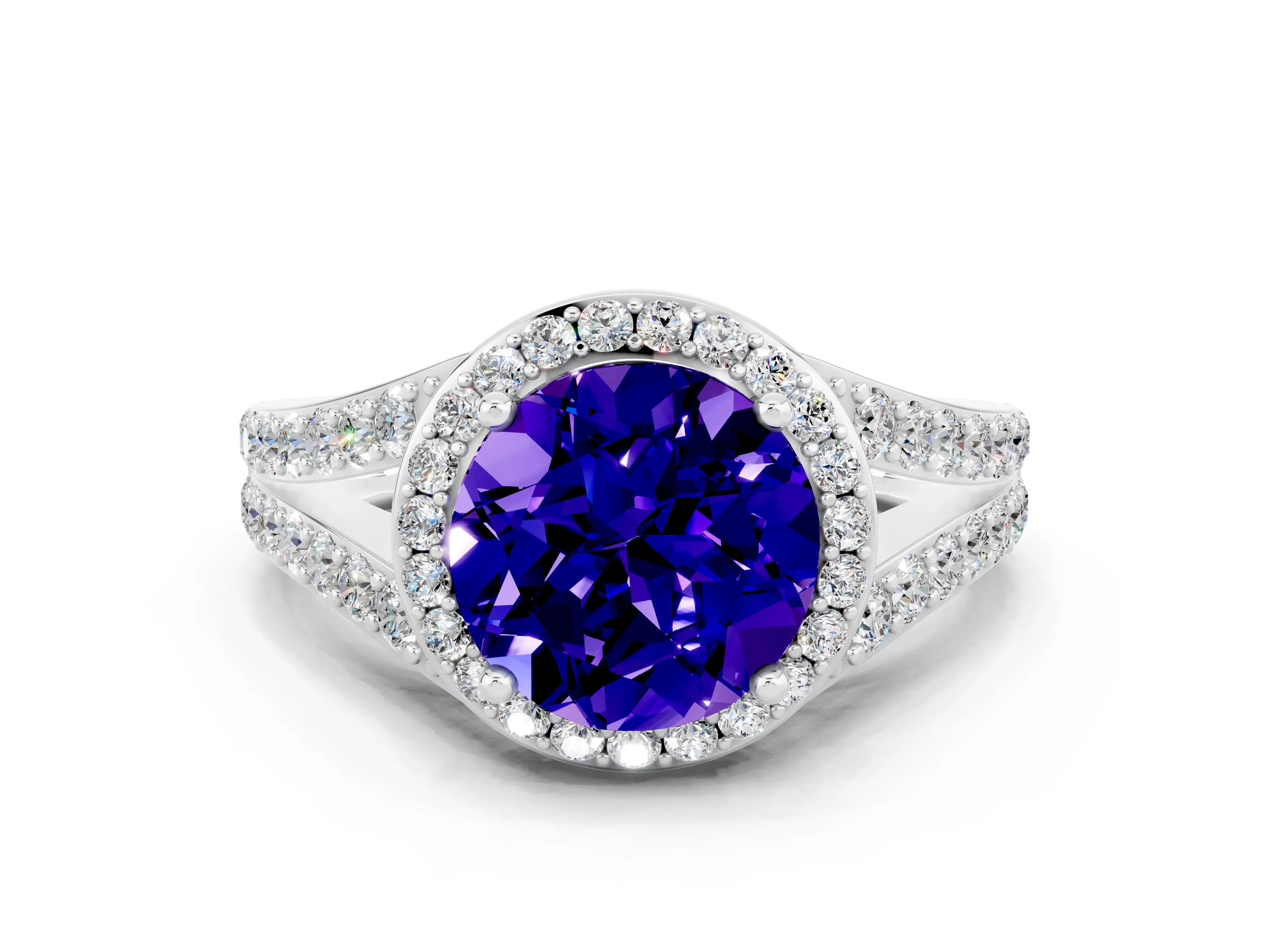 White gold Round Cut Tanzanite Split Shank Halo Ring with Four-Prong Setting_12