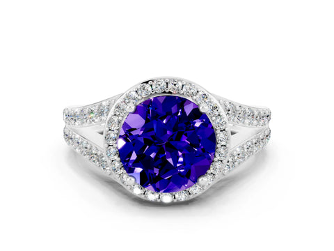 White gold Round Cut Tanzanite Split Shank Halo Ring with Four-Prong Setting_12