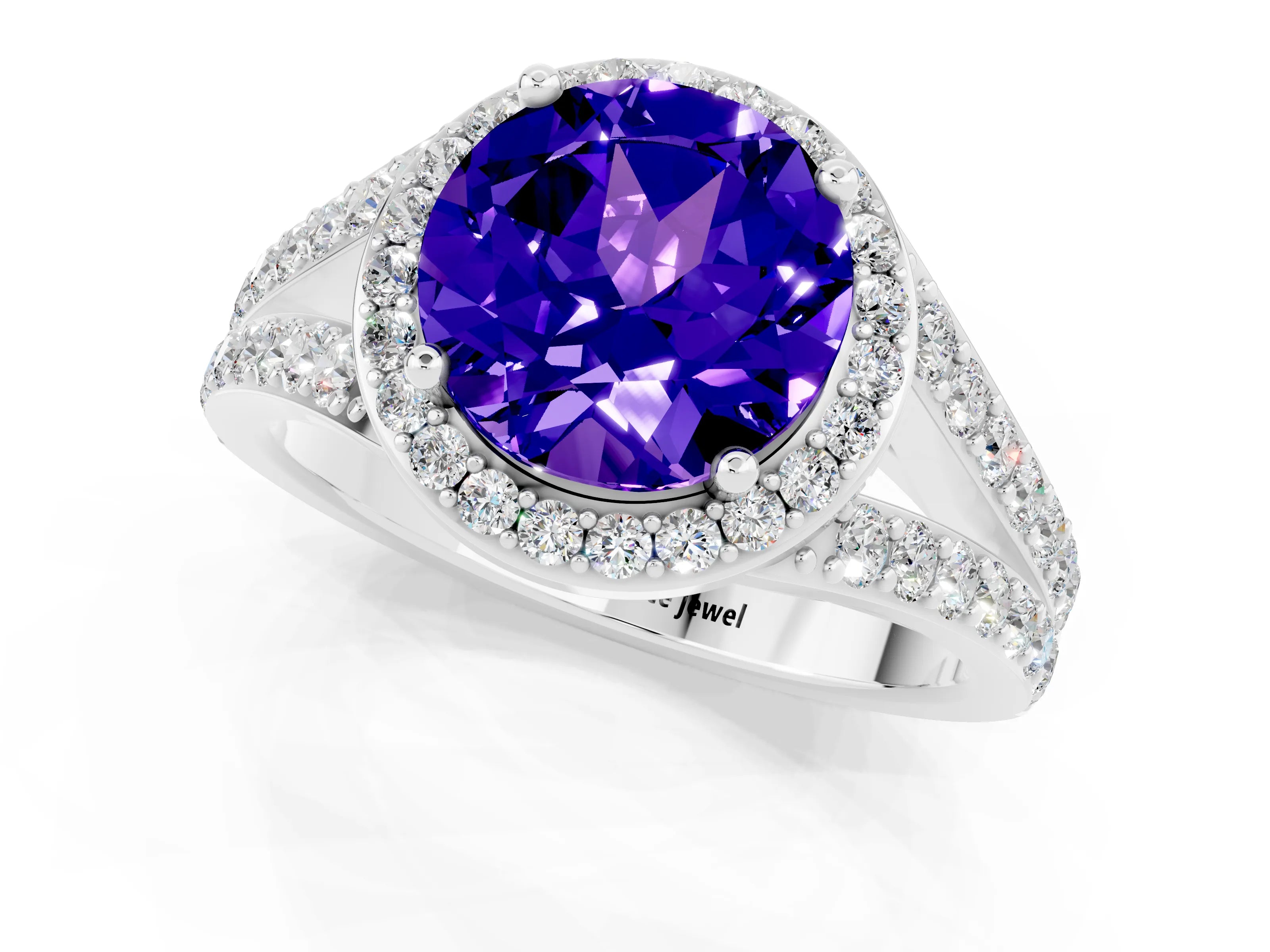 White gold Round Cut Tanzanite Split Shank Halo Ring with Four-Prong Setting_13