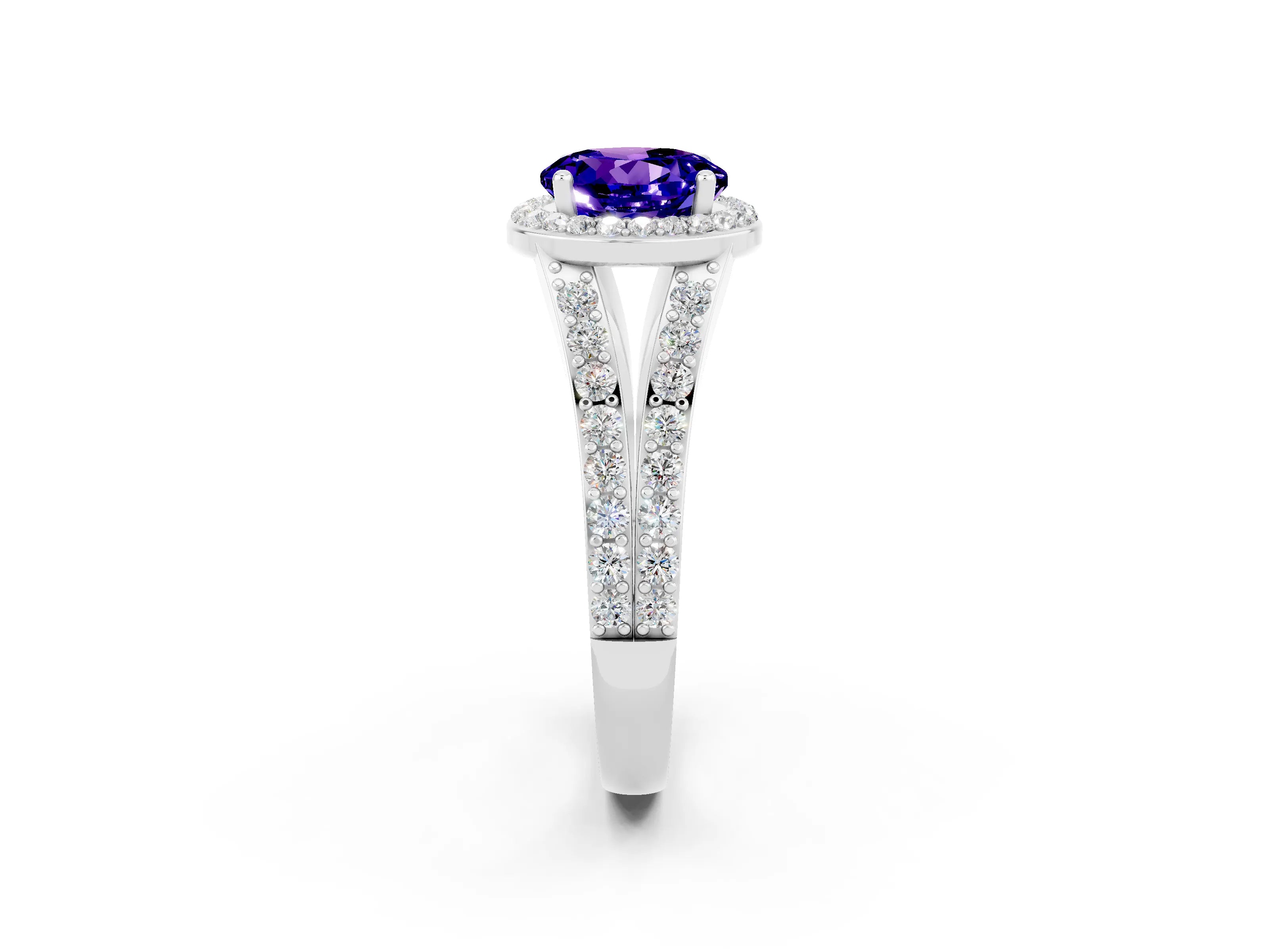 White gold Round Cut Tanzanite Split Shank Halo Ring with Four-Prong Setting_14