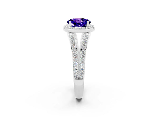 Platinum Round Cut Tanzanite Split Shank Halo Ring with Four-Prong Setting