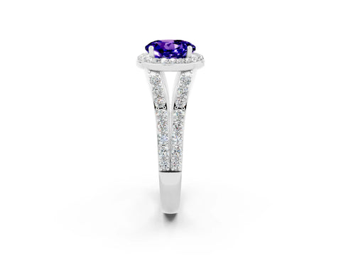 White gold Round Cut Tanzanite Split Shank Halo Ring with Four-Prong Setting_14