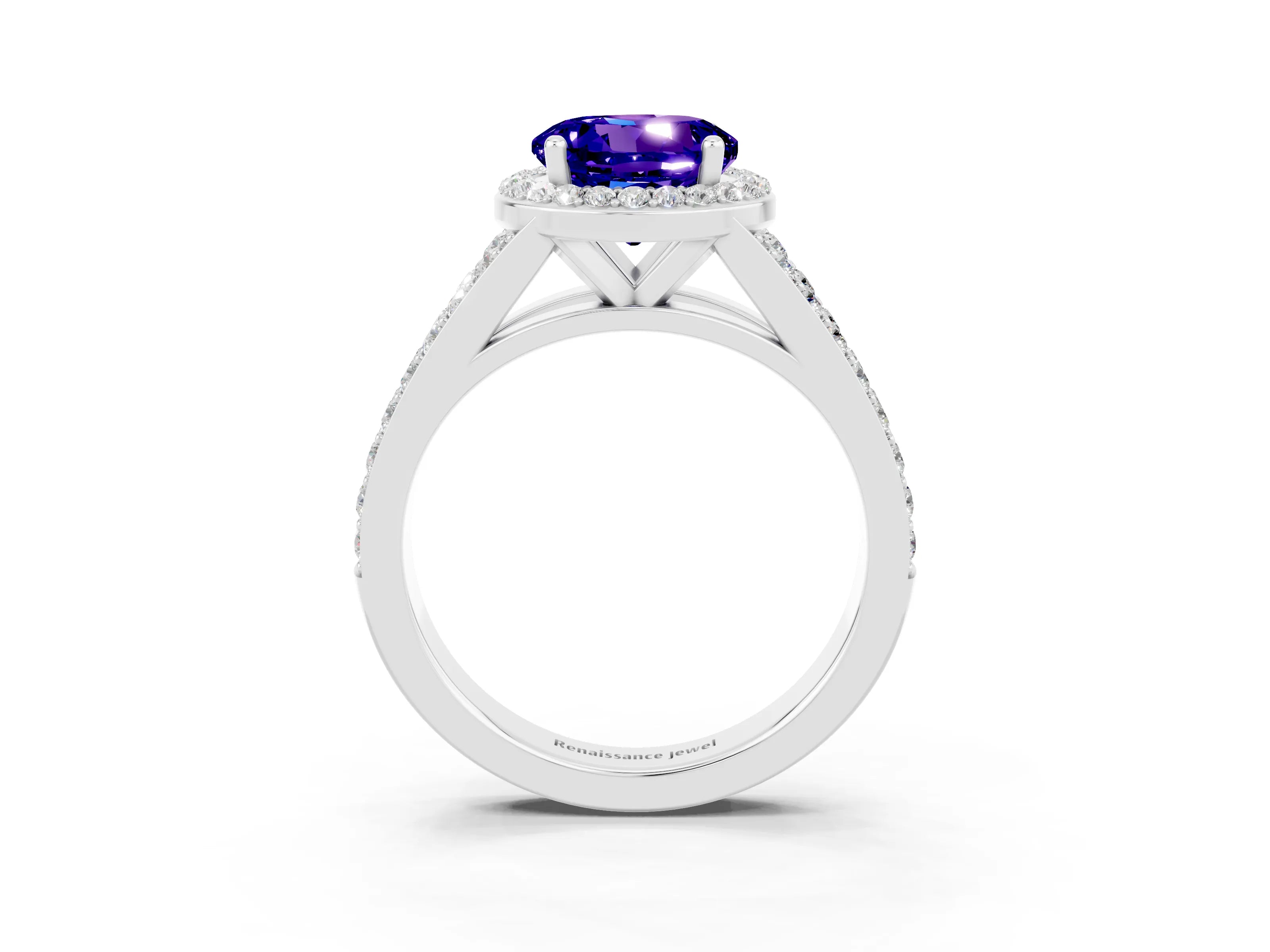 White gold Round Cut Tanzanite Split Shank Halo Ring with Four-Prong Setting_15