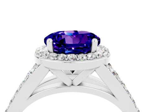 White gold Round Cut Tanzanite Split Shank Halo Ring with Four-Prong Setting_16