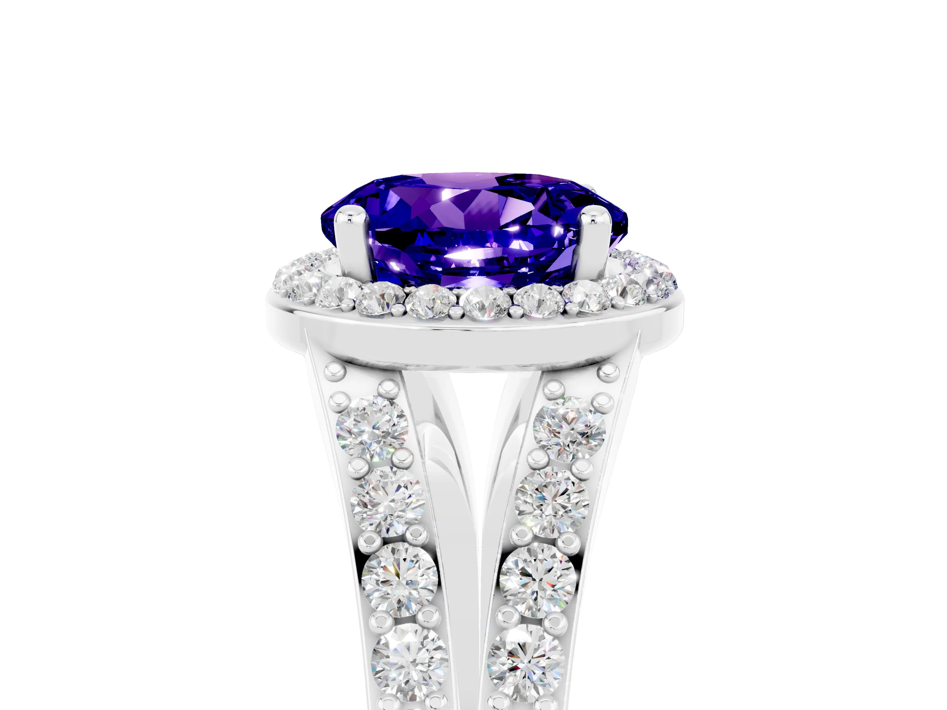White gold Round Cut Tanzanite Split Shank Halo Ring with Four-Prong Setting_17