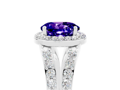 White gold Round Cut Tanzanite Split Shank Halo Ring with Four-Prong Setting_17