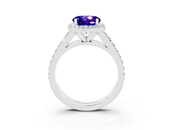 White gold Round Cut Tanzanite Split Shank Halo Ring with Four-Prong Setting