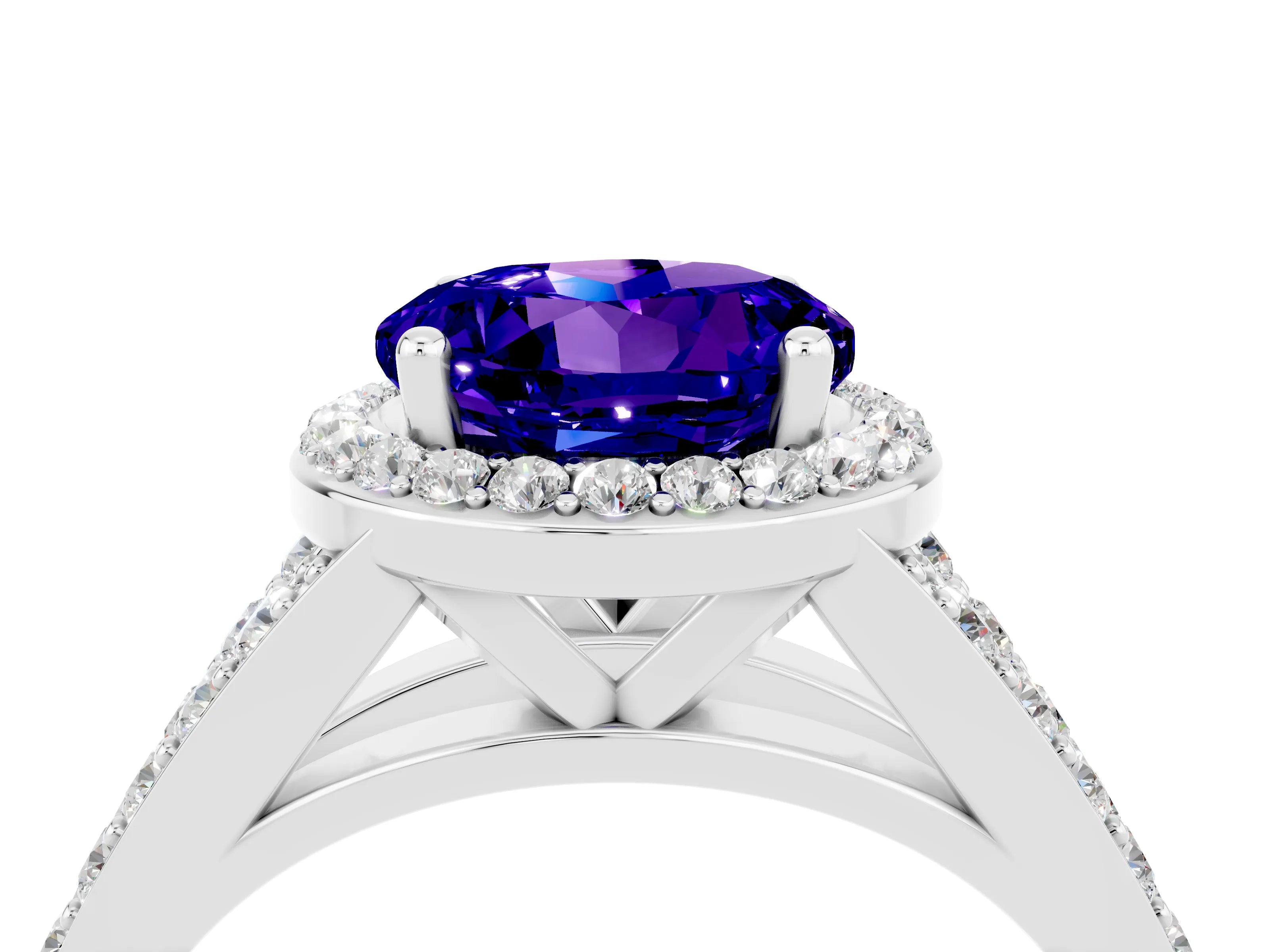 White gold Round Cut Tanzanite Split Shank Halo Ring with Four-Prong Setting_28