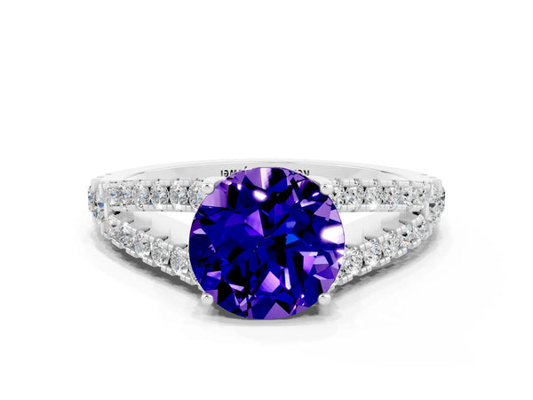 Platinum Round Cut Tanzanite Split Shank Pavé Engagement Ring with Four-Prong Setting