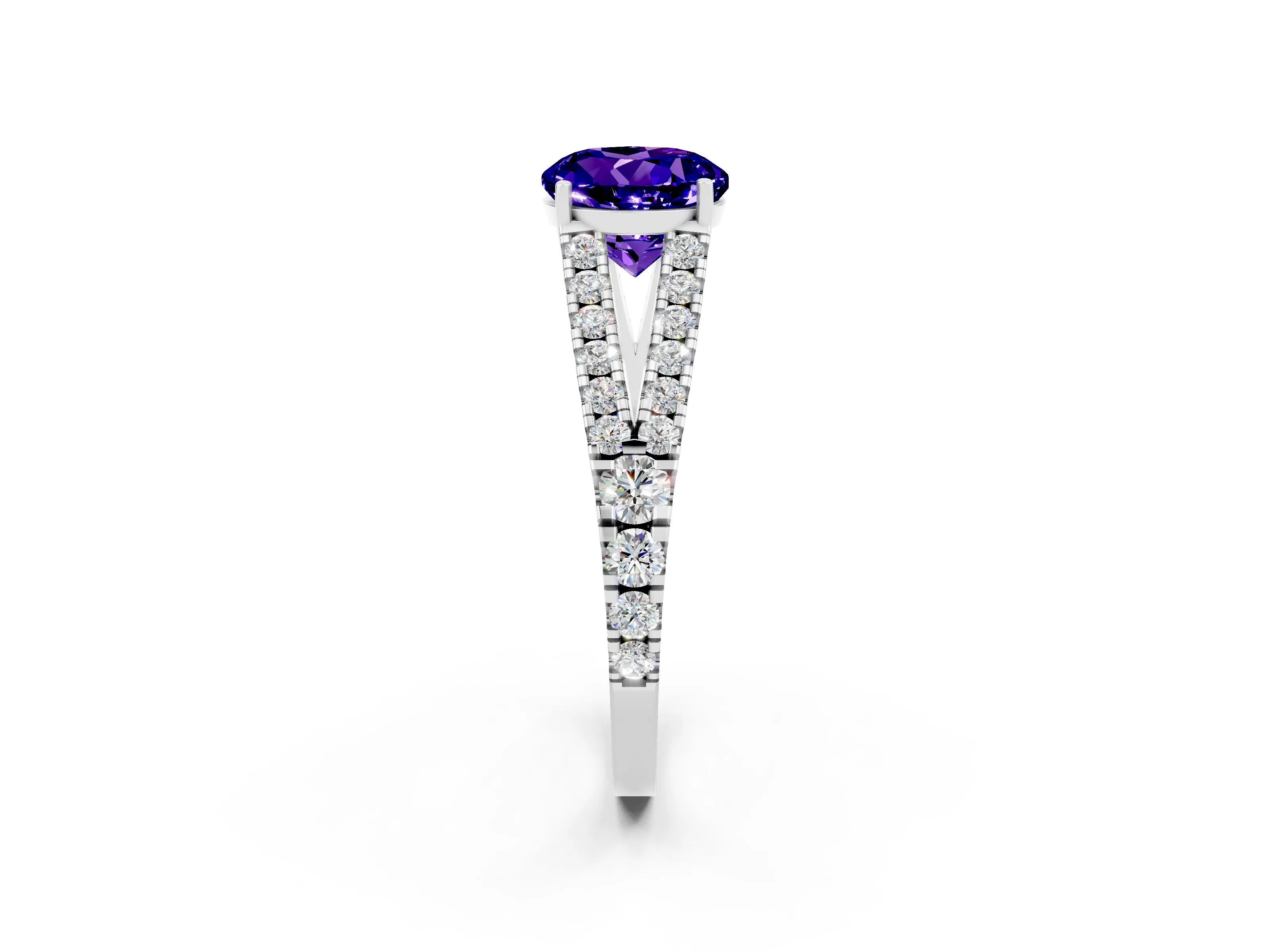 White gold Round Cut Tanzanite Split Shank Pavé Engagement Ring with Four-Prong Setting_14