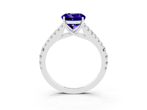 Platinum Round Cut Tanzanite Split Shank Pavé Engagement Ring with Four-Prong Setting