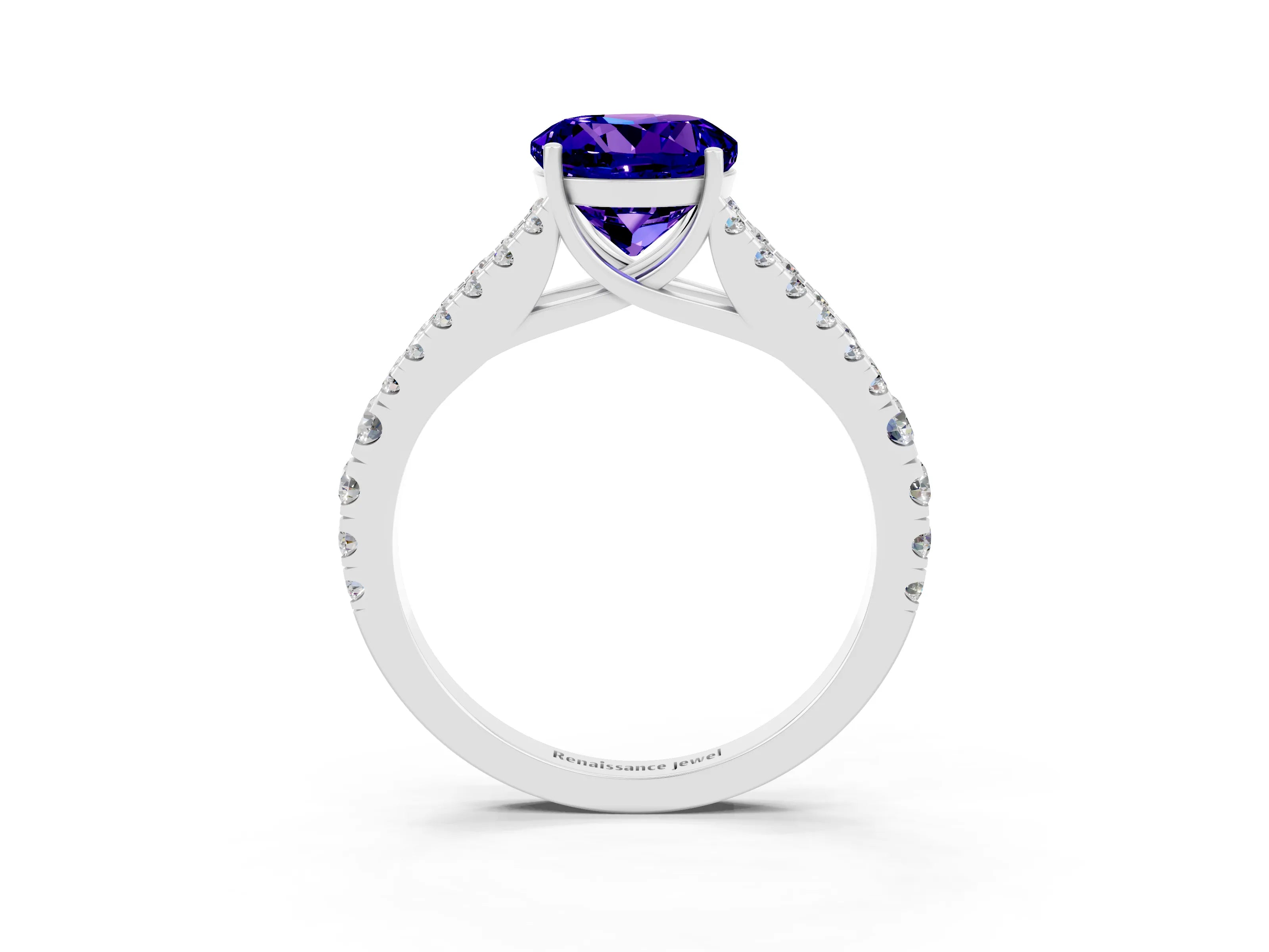 White gold Round Cut Tanzanite Split Shank Pavé Engagement Ring with Four-Prong Setting_15