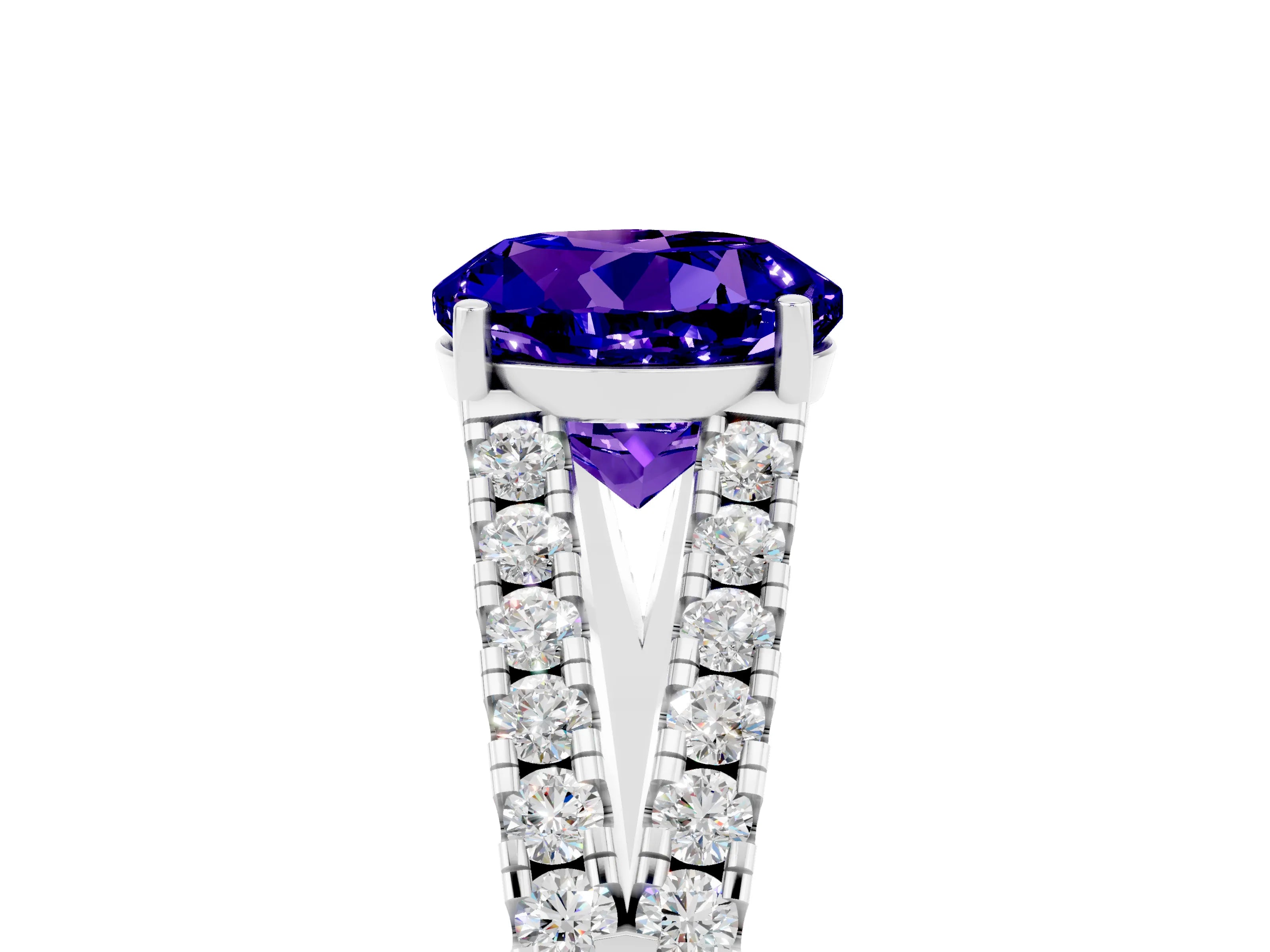White gold Round Cut Tanzanite Split Shank Pavé Engagement Ring with Four-Prong Setting_17